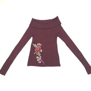 S Small Cloudchaser Embroidered Roses Floral Burgundy Cowl Turtleneck Sweater